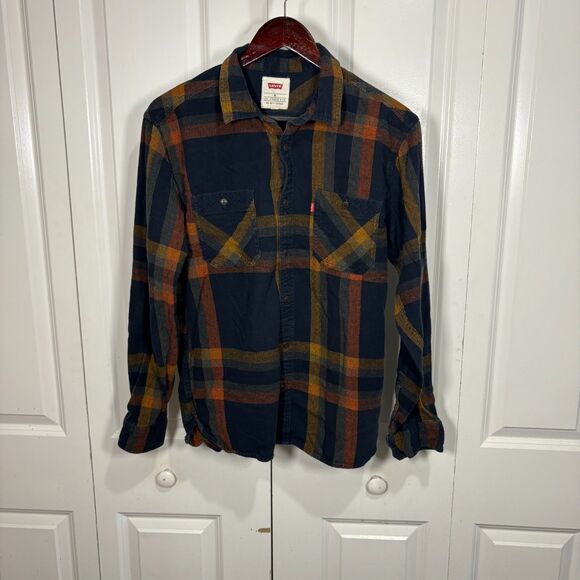 Levi's Men's M Navy Plaid Flannel Classic Worker Shirt Long Sleeve Outdoors - Picture 1 of 8
